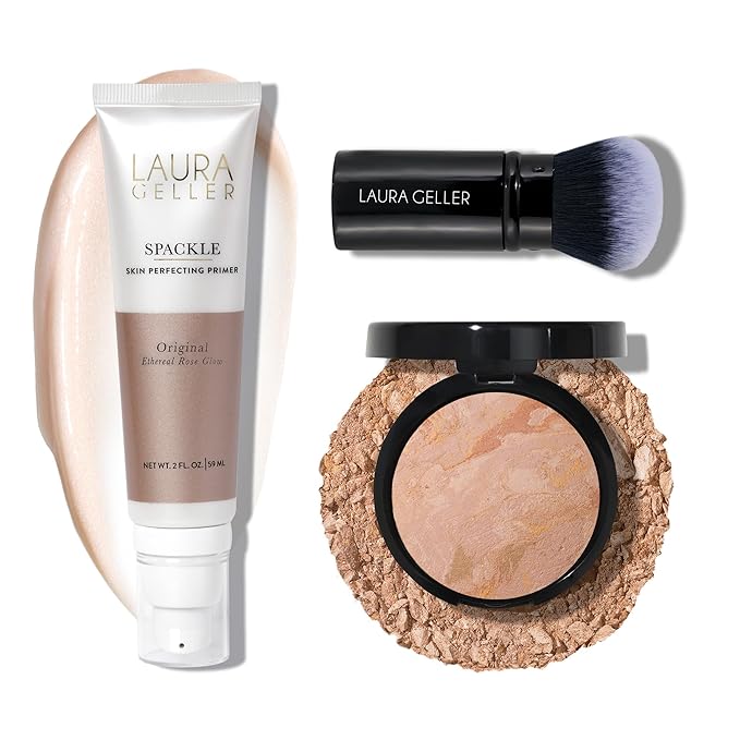 LAURA GELLER NEW YORK Baked Balance-n-Brighten Powder Foundation - Fair + Spackle Super-Size Skin Perfecting Makeup Primer - Ethereal Rose Glow + Retractable Airbrush Kabuki Brush
