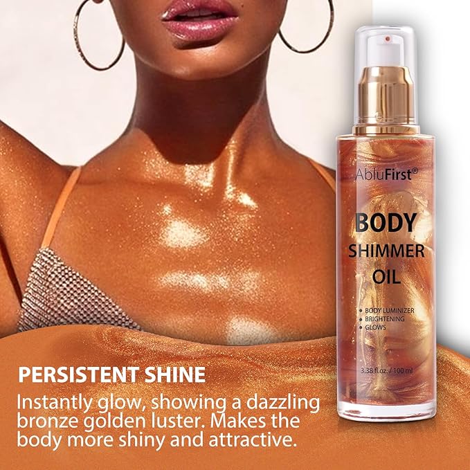 Shimmer Body Oil 100ml Face Glitter Summer Body Moisturizing Light Shimmering Glow Non-Sticky Party Body Luminizer and Illuminator Smooth (3.38 Fl Oz Pack of 1, Bronze Gold)