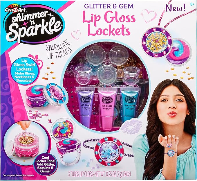 Cra-Z-Art Shimmer 'n Sparkle Glitter & Gem Lip Gloss Lockets DIY Activity Set, DIY Lip Gloss Maker, Birthday for Ages 8 and Up
