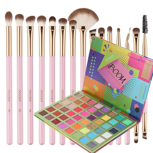 Docolor 15Pcs Eye Makeup Brushes Set + 48 Colors BOOM Eeyshadow Palette Pigmented Matte Shimmer Metallic Blendable Soft Cream Powder Makeup Eye Shadow Palettes
