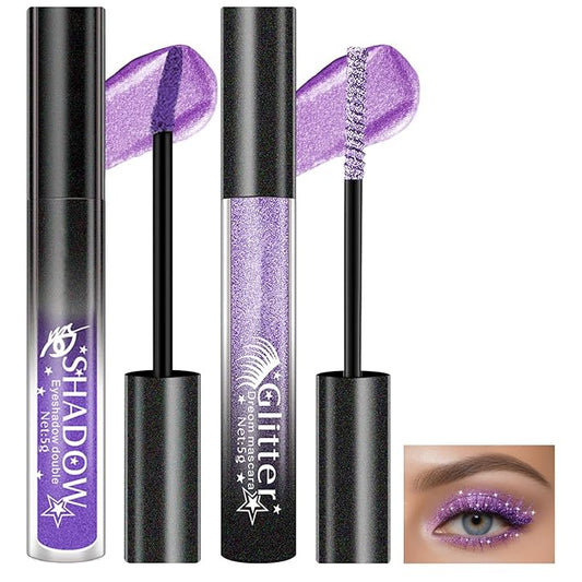 2 Pcs Glitter Mascara & Shimmer Liquid Eyeshadow Set, Long Lasting Waterproof, Shiny Diamond Eye Makeup for Party Dazzling Looks, Metallic Eye Shadow Lipstick Makeup #Set4(Purple+Purple)
