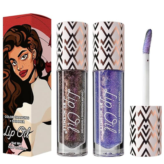 2 Colors Boss Up Color Changing Lip Oil, Shimmering Temperature Color Changing Lip Gloss Tinted Lip Stain, Long Lasting Nourishing Moisturizing Lip Glow Oil for Lip Care and Dry Lips (03#&05#)