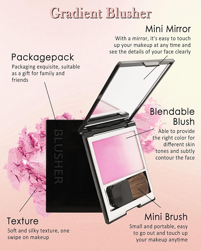 Shimmer Orange Blush for Cheek, Multiuse Baked Powder Blush Palette for Blusher&Highlighter&Eyeshadow, Lightweight Long-Lasting High Glossy Finish, Blendable Gradient Blusher, Makeup Gift for Women-06