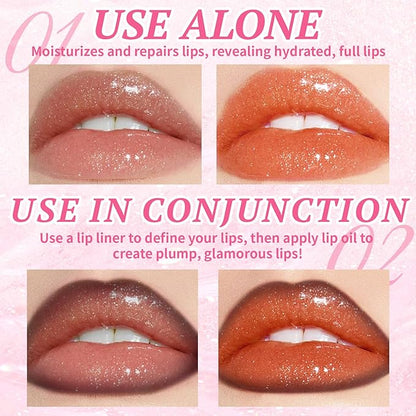 2 Colors Glitter Lip Gloss with Brown Lip Liner Combo for Women, Hydration Plumping Shimmer Natural Nude Tinted Lip Glow Oil Moisturizing Long Lasting High Shine Mini Liquid Lipstick