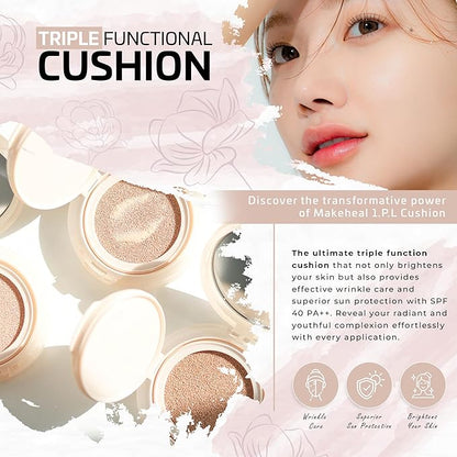 [Makeheal] 1.P.L Cushion with SPF 40 PA++, Conceal Blemishes and Reduce Redness, A Full and All-Day Wear Coverage with a Lightweight Formula & Semi Matte Finish, Korean Beauty & Skincare (19N - Purity)