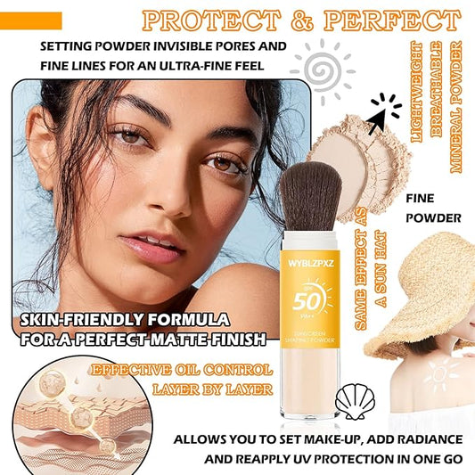 Mineral Sunscreen Setting Powder SPF50 PA++ for Face,Long-Lasting Oil Control Sunscreen Brush Powder,Matte Transparent Facial Powder Sunscreen,All Skin