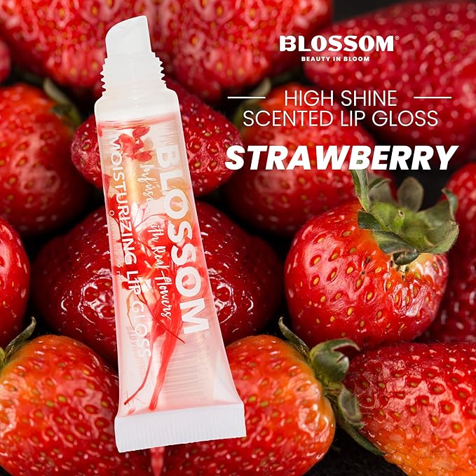 Blossom Lip Gloss Tubes, Strawberry Scented Thick Clear High Shine Moisturizing Flower Lip Gel with Nourishing Jojoba Seed Oil, Infused with Real Flowers, 0.3oz, Strawberry