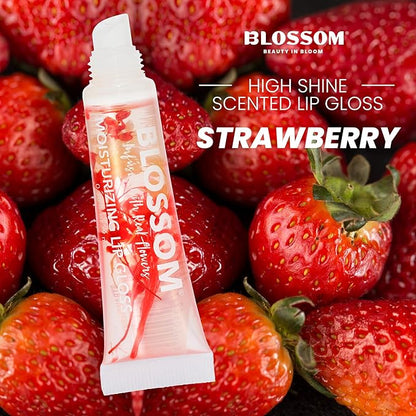 Blossom Lip Gloss Tubes, Strawberry Scented Thick Clear High Shine Moisturizing Flower Lip Gel with Nourishing Jojoba Seed Oil, Infused with Real Flowers, 0.3oz, Strawberry