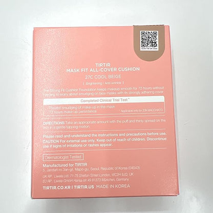 TIRTIR Mask Fit All Cover Pink Cushion Foundation | High coverage, Velvety Matte Finish, Lightweight, Flawless, Corrects Redness, Korean Cushion (#27C Cool Beige, Full Size, 0.63 Fl Oz)