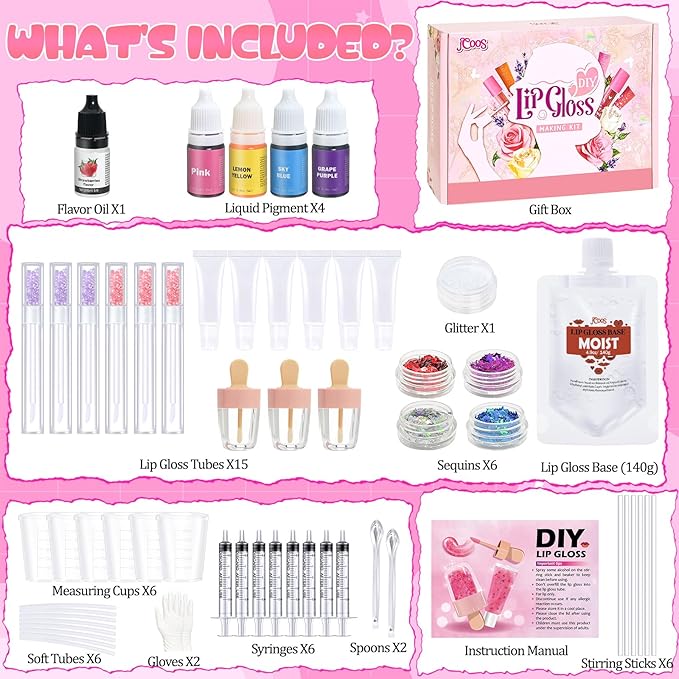 JCOOS Lip Gloss Making Kit, Lip Gloss for Girls Lipgloss Sets for Women Teens Make Your Own Lip Gloss Kit, Diy Lip Gloss Lip Kit Kids Lip Gloss Lip Gloss Base, Gift for Her Girls Crafts Teen Lip Gloss