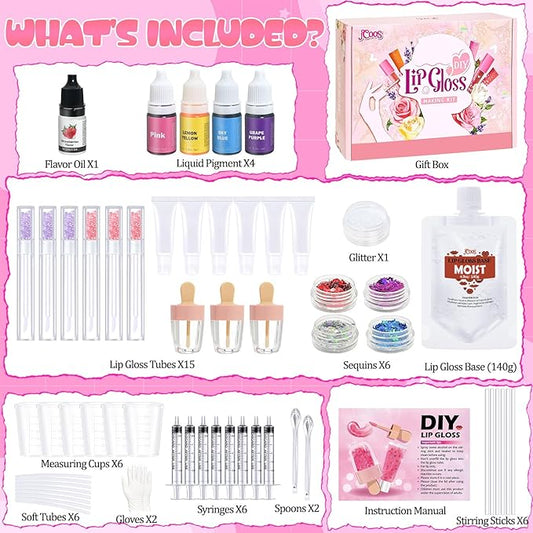 JCOOS Lip Gloss Making Kit, Lip Gloss for Girls Lipgloss Sets for Women Teens Make Your Own Lip Gloss Kit, Diy Lip Gloss Lip Kit Kids Lip Gloss Lip Gloss Base, Gift for Her Girls Crafts Teen Lip Gloss