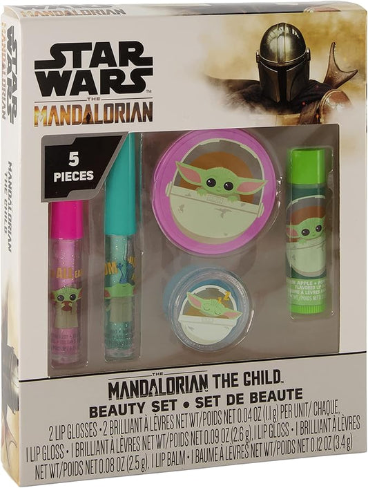 Mandalorian Baby Yoda Die Cut Lip Gloss Beauty Set – Includes 4 Flavored Lip Glosses and 1 Green Apple Flavored Lip Balm, Star Wars Themed Makeup Kit & Baby Yoda Gift Set