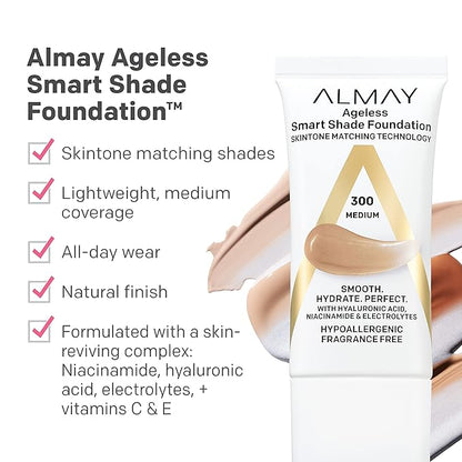 Almay Anti-Aging Foundation, Smart Shade Face Makeup with Hyaluronic Acid, Niacinamide, Vitamin C & E, Hypoallergenic-Fragrance Free, 050 Fair, 1 Fl Oz (Pack of 1)