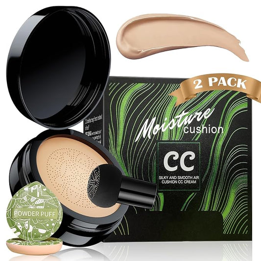 Mushroom Head Air Cushion CC Cream - BB Cream Foundation Makeup Moisturizing Concealer Long Lasting Waterproof With Powder Puff, Even Skin Tone (2 PCS Natural)