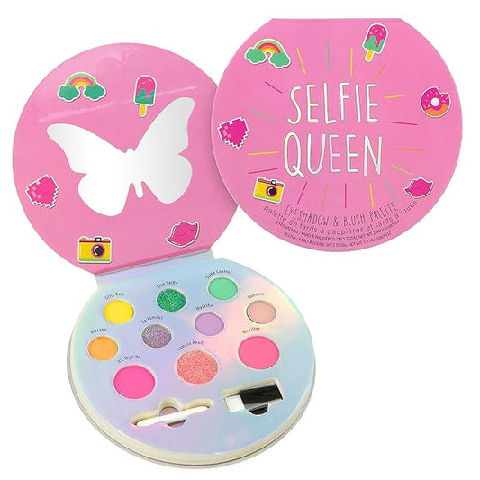 Selfie Queen Glisten & Glitter Makeup Palette 10 Color Eyeshadow Palette & Blush Makeup Novelty Beauty Set, Fold Out Compact with Mirror, Washable, Non-Toxic