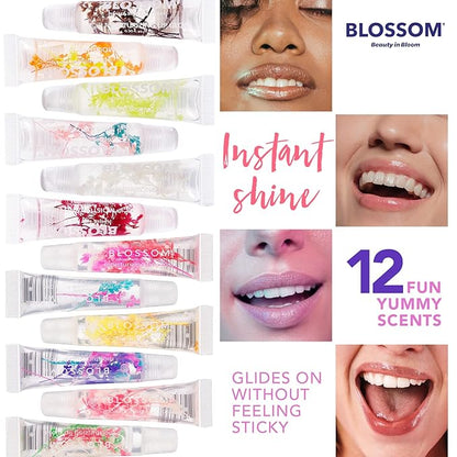 Blossom Scented Moisturizing Lip Gloss Tubes, Infused with Real Flowers, 0.6 fl. oz/18ml, 2 pack Full Size Gift Set, Strawberry/Watermelon