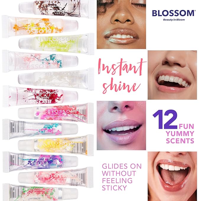 Blossom Scented Moisturizing Lip Gloss Tubes, Infused with Real Flowers, 0.9 fl. oz/27ml, 3 pack Full Size Gift Set, Strawberry/Raspberry/Mango