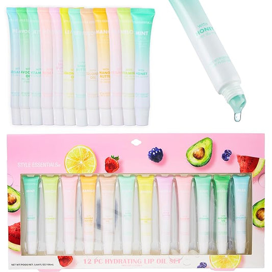 12pc Lip Oil Set - Flavored Lip Oils Value Pack, Hydrating Lip Oils w/Squeeze Tube Application, Moisturizing Lip Oil Collection for Everyday Lip Care and Lip Repair (FRUITS)