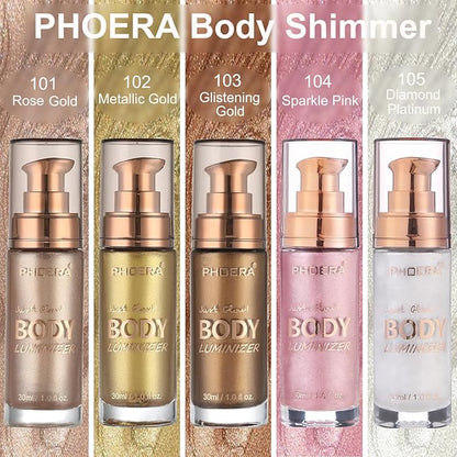 PHOERA Body Shimmer Oil,Waterproof Long Lasting Moisturizing Body Luminizer Glow Body Illuminator Highlighter for Face with Makup Bursh, 1oz/Jars (102 Metallic Gold)