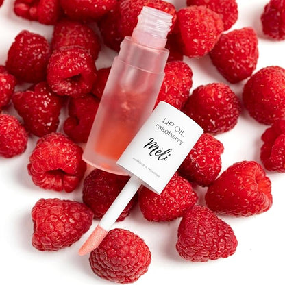 MÈLI Organic Lip Oil with Hyaluronic Acid | Clear Non-Sticky, Natural Lip Gloss, Moisturizing, Revitalizing and Rejuvenating (Raspberry)