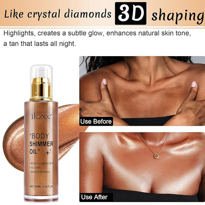 Shimmer Oil 100ml, Moisturizing Long Lasting Body Luminizer Face Brighten, Waterproof Liquid Illuminator Glow, Glitter Oil Highlighter Summer Glowing Makeup (#03 Bronze Gold)