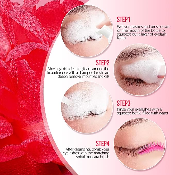 Lash Shampoo for Lash Extensions 60 Ml/2fl.oz Eyelash Extension Cleanser Oil Free Lash Cleanser for Eyelash Care, Gentle Foaming Eyelash Shampoo with Brush for Salon Home Care (Rose 60ml)