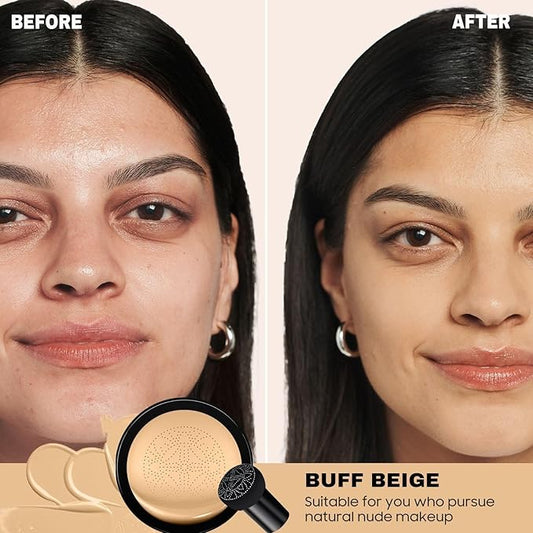 Mushroom Head Air Cushion CC Cream Foundation- Brightening Color Changing Foundation for Older Women, Moisturizing Full Coverage Self Adjusting Concealer Long-Lasting, Natural Finish (Buff Beige)