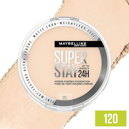 Maybelline Super Stay Up to 24HR Hybrid Powder-Foundation, Medium-to-Full Coverage Makeup, Matte Finish, 120, 1 Count