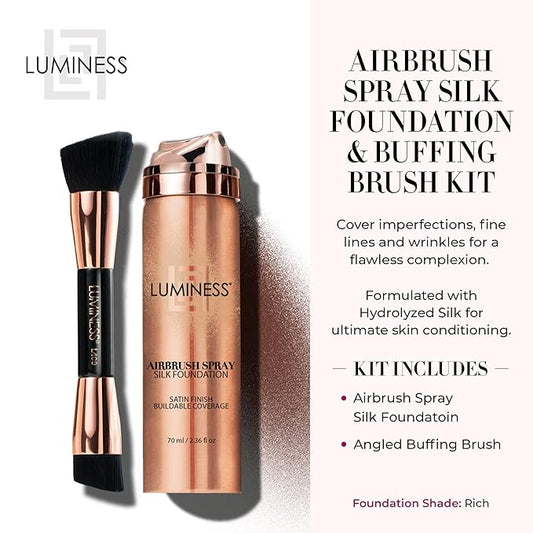 LUMINESS Silk Airbrush Spray Foundation & Buffing Brush Kit – Full Coverage Foundation & Dual-Sided Buffing Brush - Buildable Coverage, Anti-Aging Formula Hydrates & Moisturizes (Shade - Rich)