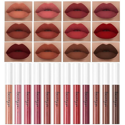 12PCS Matte Liquid Lipstick Set Non-Stick Cup and Not Fade Pigmented Lipstick Long-Lasting Waterproof Velvet Lipgloss Kit Makeup for Girls and Women (Set 03)
