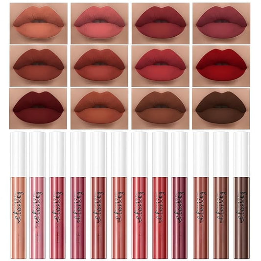 12PCS Matte Liquid Lipstick Set Non-Stick Cup and Not Fade Pigmented Lipstick Long-Lasting Waterproof Velvet Lipgloss Kit Makeup for Girls and Women (Set 03)
