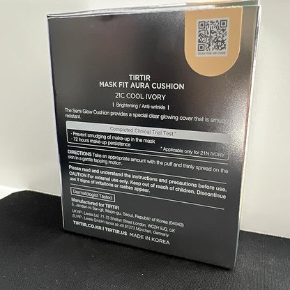 TIRTIR Mask Fit Aura Silver Cushion Foundation | Semi-glow Finish, Natural Coverage, Moisturizing, Lightweight, Korean cushion foundation (#21C Cool Ivory, Full Size, 0.63 Fl Oz)