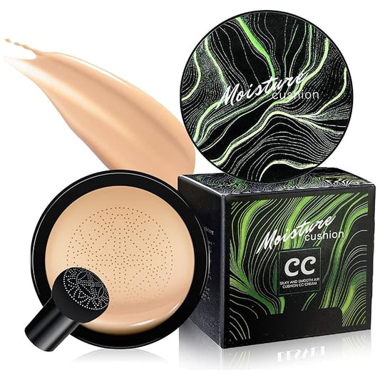 Mushroom Head Air Cushion CC Cream Foundation- Brightening Color Changing Foundation for Older Women, Moisturizing Full Coverage Self Adjusting Concealer Long-Lasting, Natural Finish (Buff Beige)
