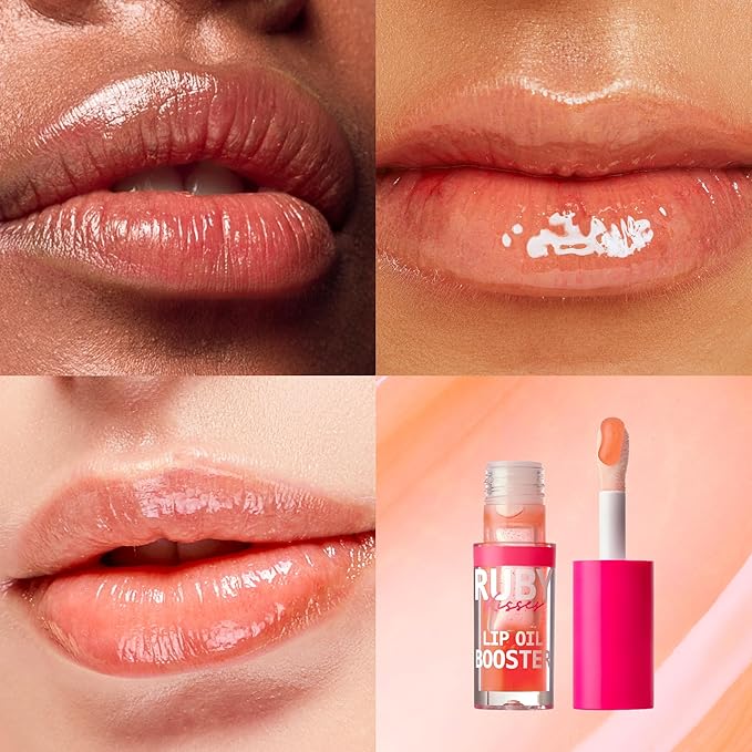 Ruby Kisses Lip Oil Booster, Hydrating Lip Gloss with Nourishing Natural Oil Blend, Jumbo Wand for Easy Application, Non-Sticky Formula (Coral)
