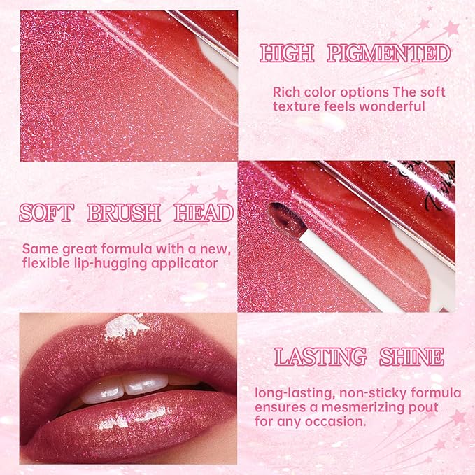 Glitter Lip Gloss with Brown Lip Liner Set Lip Combo, Moisturizing High Shine Shimmer Lip Glow Oil Fresh Lightweight Glossy Plumping Lip Tint for Women Long Wear Liquid Lipstick Makeup#8