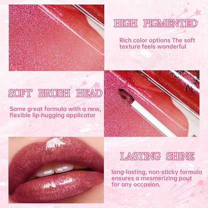 Glitter Lip Gloss with Brown Lip Liner Set Lip Combo, Moisturizing High Shine Shimmer Lip Glow Oil Fresh Lightweight Glossy Plumping Lip Tint for Women Long Wear Liquid Lipstick Makeup#8