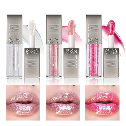 3 PCS High Shine Glitter LipGlossey,Diamond Glitter Lip Gloss Long Lasting Moisturizing Lip Gloss Non-sticky Glossy Glitter Liquid Lipstick for Women,girls 0.33fl oz