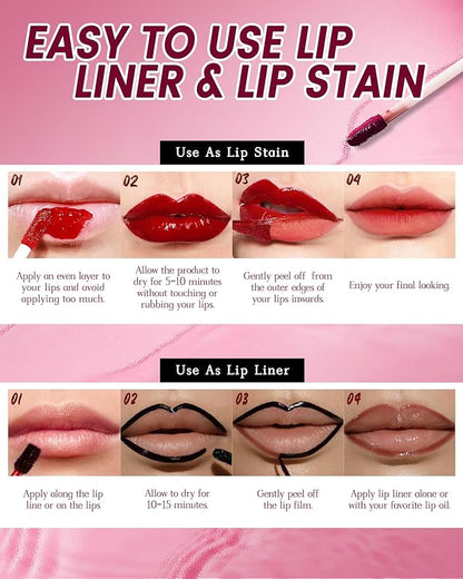 3Pcs Peel Off Lip Stain & Lip Liner Set Long Lasting,Tattoo Lipstain Peel Off Lip Gloss Nude Matte Lipstick, Waterproof,Transfer-Proof Lip Tint for All-Day Wear Women Lip Stain Color Makeup Gift-A