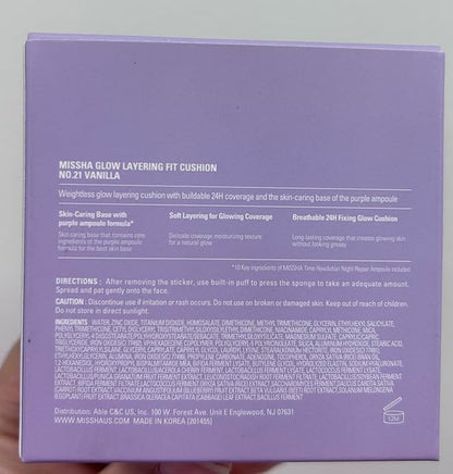 MISSHA Serum Cushion Glow Layering Fit Cushion Foundation No.21 Vanilla Light Beige for Bright Skin, Korean Foundation Makeup, Rich-Texture, Full-Coverage, 24-Hr Hydrating, Triple Glow System