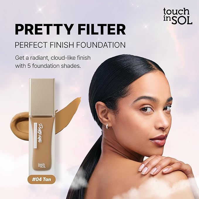TOUCH IN SOL Pretty Filter Perfect Finish Foundation for Flawless, Natural Look -Lightweight and Full-Coverage Matte Base for All Skin Types -Face Makeup with Natural Ingredients, 1.18 fl.oz. (#4 Tan)