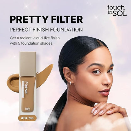 TOUCH IN SOL Pretty Filter Perfect Finish Foundation for Flawless, Natural Look -Lightweight and Full-Coverage Matte Base for All Skin Types -Face Makeup with Natural Ingredients, 1.18 fl.oz. (#4 Tan)