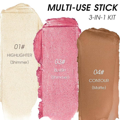 3Pcs Cream Contour Kit - Cream Blush, Highlighter, Contour Bronzer for Cheeks, Waterproof Long Lasting Blendable, Contour Stick Trio for Face Makeup (#01, 03, 04)