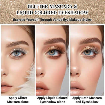 2 Pcs Glitter Mascara & Shimmer Liquid Eyeshadow Set, Long Lasting Waterproof, Shiny Diamond Eye Makeup for Party Dazzling Looks, Metallic Eye Shadow Lipstick Makeup #Set5(White+Mocha Brown)