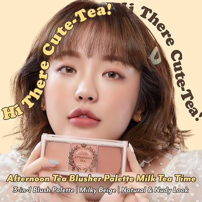 I'm Meme Compact - Oil Cut Pact 0.34 Oz + Palette - Afternoon Tea Blusher | 3 Shades Milk Tea Time, 0.42 Oz Bundle