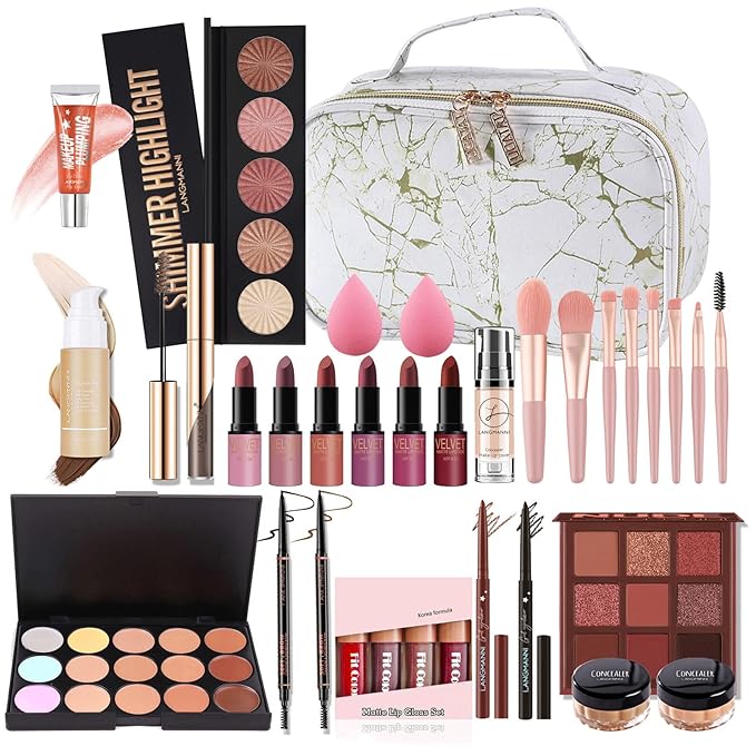 Pure Vie All-in-One Holiday Gift Surprise Makeup Set Essential Starter Bundle Include Eyeshadow Palette Lipstick Concealer Blush Mascara Eyeliner Face Powder Lipgloss Brush - Full Makeup Kit for Women