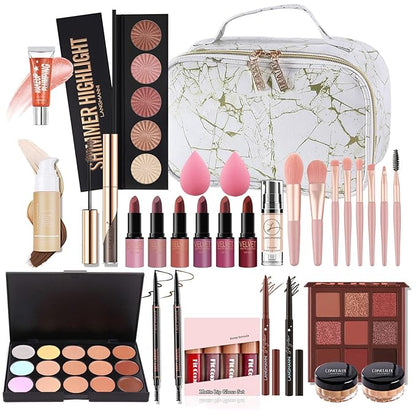 Pure Vie All-in-One Holiday Gift Surprise Makeup Set Essential Starter Bundle Include Eyeshadow Palette Lipstick Concealer Blush Mascara Eyeliner Face Powder Lipgloss Brush - Full Makeup Kit for Women