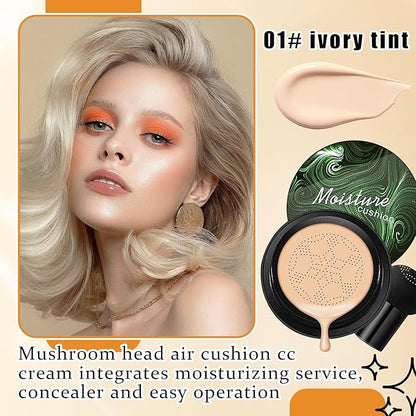 Mushroom Head Air Cushion CC Cream Foundation Makeup,Moisturizing BB Cream Face Makeup Liquid Foundation,Long Lasting Full Coverage Concealer for All Skin Types（Ivory）