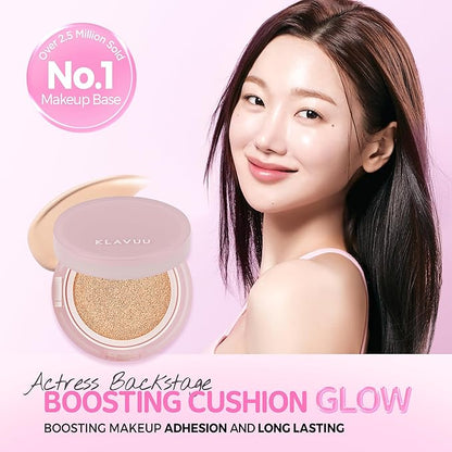 KLAVUU Actress Backstage Boosting Cushion Glow #21 Soft Ivory – Korean Cushion Foundation for Dry Skin, Long-Lasting Hydrating Coverage, Natural Dewy Glow, Smooth Glass Skin Effect, No Caking
