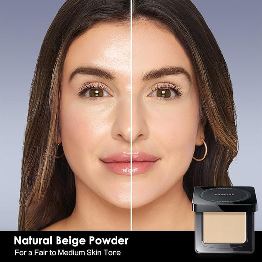 Waterproof Face Pressed Powder Compact, 24H Longlasting Oil Control Pressed Setting Powder Talc-Free Makeup, Shine Free, Poreless, Smooth, 01 Natural Beige for dry&com skin (0.28Oz)