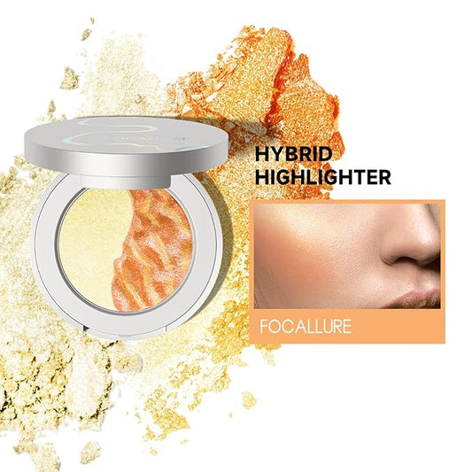 FOCALLURE Chameleon Hybrid Highlighter Powder, Metallic Bronzer Highlighter Powder Kit, Shimmer Face Illuminator Makeup Powder Palette for All Skin Tones, Highly Pigmented, #OR03 RIOT